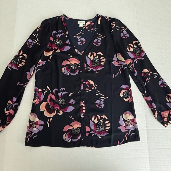 J. Crew Navy Blue Floral V Neck Pull Over Blouse - Picture 1 of 9